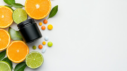Poster - A wellness-focused flat lay featuring leafy greens, citrus fruits, and a neatly organized pillbox,