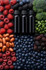 Poster - A lively arrangement of fresh veggies, berries, and sleek supplement bottles, evoking a mood of