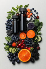 Poster - A lively arrangement of fresh veggies, berries, and sleek supplement bottles, evoking a mood of