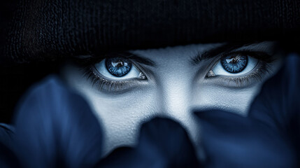 Poster - Elegant monochrome portrait except for glowing sapphire irises, shallow depth of field, timeless