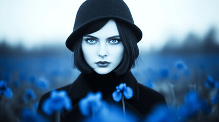Poster - Elegant monochrome portrait except for glowing sapphire irises, shallow depth of field, timeless
