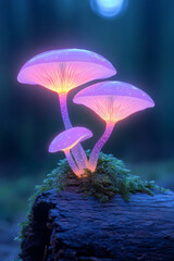 Poster - Bioluminescent mushrooms perched on a mossy log, faint pinkish aura, light rays filtering through