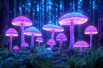 Poster - Vibrant collection of glowing mushrooms scattered across a fern-covered forest floor, moonlit