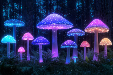 Poster - Vibrant collection of glowing mushrooms scattered across a fern-covered forest floor, moonlit