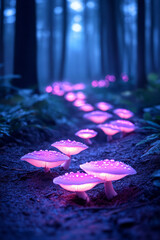 Poster - Wide shot of a hidden forest path lined with softly shimmering mushrooms, ethereal pastel glows,