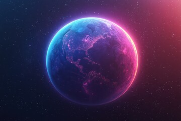 Poster - Planet earth glowing in a starry night sky with a purple and blue gradient glow