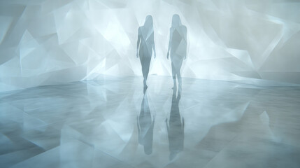 Poster - Abstract overlay of triangles and polygons mapped onto a silhouette reflected on a glossy floor,