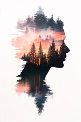 Poster - Painterly silhouette emerging from a mirrored lake, geometric fractal overlays in pastel gradients,