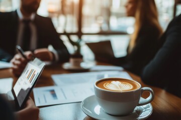 Poster - Business meeting in a café with coffee and tablet notes during afternoon hours. Generative AI
