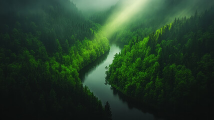 Aufkleber - Cinematic panoramic shot of a gentle river bend curving around forested hills, golden sunbeams