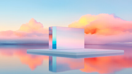 Poster - Abstract glass architecture suspended among low-hanging clouds, subtle pastel tones, bright