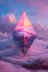 Fototapete - Massive geometric glass dome perched above a swirling bed of fog, pastel sky, luminous highlights,