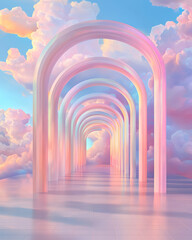 Fototapete - Panoramic shot of undulating clouds with delicate glass arches emerging, gently reflecting
