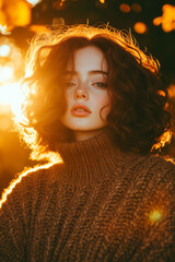 Poster - Warm, soft-lit portrait of a woman wearing a chunky knit sweater in earthy autumn tones, natural