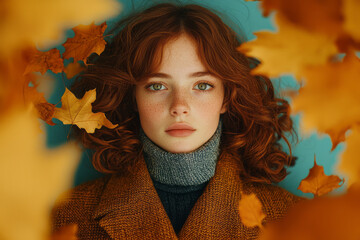 Poster - Sophisticated look featuring a woman in a tailored coat and light scarf, golden leaves swirling in