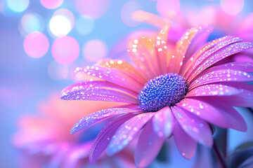 Poster - Surreal close-up composition focusing on two bright flowers radiating neon purples and oranges,