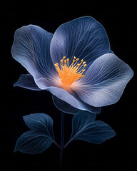 Poster - Hyper-real macro shot of a single glowing blossom fading from deep violet to warm tangerine,