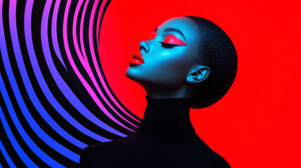Poster - Vibrant head-and-shoulders view of a woman interwoven with swirling neon shapes, high-contrast