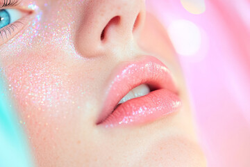 Poster - Minimalistic composition focusing on a calm expression, drifting pastel ribbons around her figure,