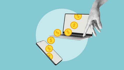 Freelance and remote work concept. Making money and money transfer with a phone or laptop. Online payments, remittance and payment technology