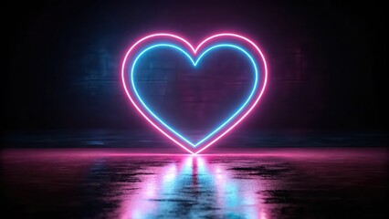 Poster - glowing neon heart with pink and blue lights on reflective surface