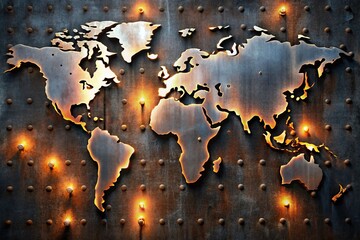 Poster - Long Exposure Metal World Map: Iron & Steel Global Network