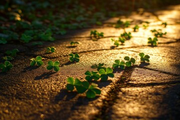 Canvas Print - Lush green clovers growing on a sunlit pathway, creating a serene natural ambiance perfect for seasonal themes and nature photography