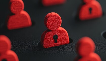 Poster - Red figures resembling people with keyhole symbols, set against a dark background, suggest themes of identity, privacy, and security.
