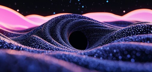 Poster - An abstract representation of a cosmic landscape featuring waves of purple and pink, leading to a dark center, evoking a sense of mystery and depth.