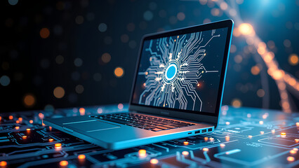 Futuristic illustration about computer technology with a laptop in neon colors. For cover backgrounds, wallpapers and other projects.