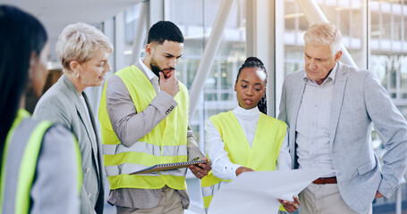 Poster - Engineer, business people and planning with blueprint, talking and building progress with property investor. Architect teamwork, men and women with presentation for construction, design and decision