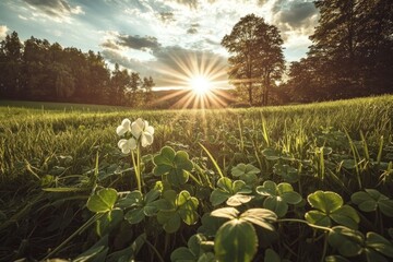 Canvas Print - Beautiful sunset over a grassy field with a single white flower and clovers, creating a serene natural atmosphere Ideal for nature and tranquility concepts