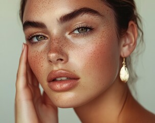 Canvas Print - Close-up portrait of a mixed-race woman with her hand on her face, a beauty photography shoot, soft lighting, beige background, high fashion, minimal makeup, glossy skin