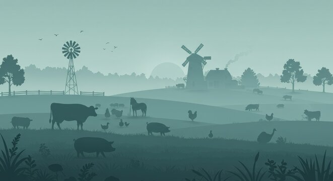 Silhouetted farm animals in misty countryside with horse drawing