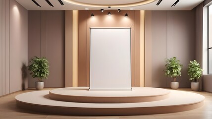 Poster - a modern presentation stage with a blank screen, ready for content, surrounded by plants