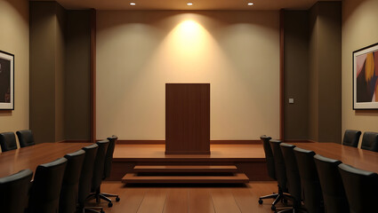 Poster - an empty conference room with a wooden podium, perfect for presentations and meetings