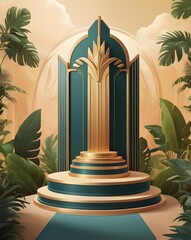 Aufkleber - an architectural golden stage in a jungle setting. The elegant stage is centered amidst lush foliage, with a unique golden pillar as its focal point