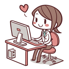 Poster - A cheerful girl with long brown hair enjoys her work at a desk. She is focused on her computer screen, expressing joy with a heart symbol above her head. The setting is a bright office