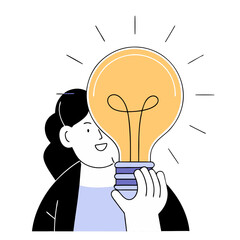 Poster - A person is holding a light bulb, which represents innovation and creative thinking. The character appears enthusiastic, with bright rays symbolizing new ideas radiating from the bulb