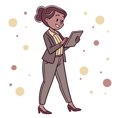 Poster - A young businesswoman stands confidently in a bright workspace, engaging with her tablet. She is dressed professionally and appears enthusiastic about her work