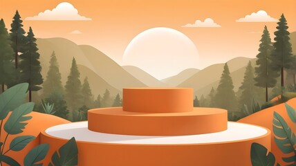 Aufkleber - podium or pedestal on a mountain landscape with a large rising sun and trees