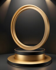 Aufkleber - an elegant golden ring displayed on a sophisticated podium, highlighted by spotlights, creating a sense of luxury and sophistication