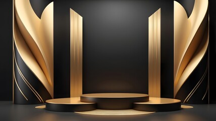 Poster - a captivating 3D podium design, perfect for showcasing products and presentations. Featuring a golden and black color scheme, the podium exudes luxury and sophistication