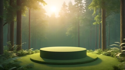 Poster - an empty platform stands in the middle of a sunlit forest clearing. The scene is tranquil and inviting, with rays of sunlight casting shadows on the lush greenery.