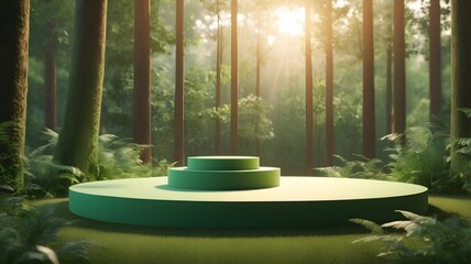 Aufkleber - an empty round platform stage surrounded by a vibrant forest scene. The backdrop features tall trees bathed in sunlight