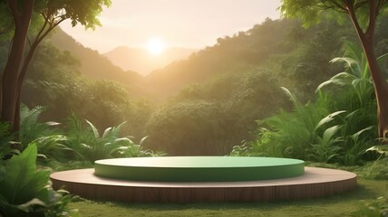 Aufkleber - a product display platform in a scenic environment, surrounded by trees, with mountains in the background and warm light coming from the sun. The empty stage is designed to showcase products