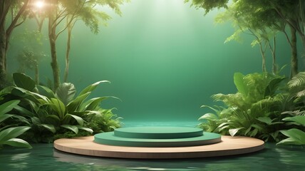 Aufkleber - a serene nature scene with a podium for product placement. The lush greenery provides a natural and inviting backdrop