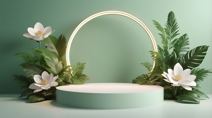 Aufkleber - a decorative podium stage with plants and flowers for product display or presentation, creating a serene environment 