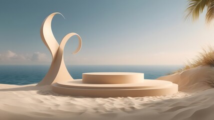 Aufkleber - a minimalist stage or podium on the sandy shore with clear sea behind it. This is the ideal stage to place product