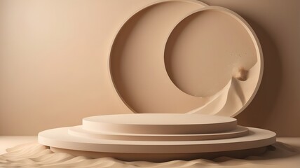 Aufkleber - minimalist beige podium with a unique circular design and abstract sand pattern 
